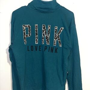 Teal VSPINK Half zip with cheetah letters on the back